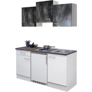 Flex-Well Singleküche Lucca, 150 cm, Weiß/Caledonia mit Kühlschrank, Kochfeld und Spüle.