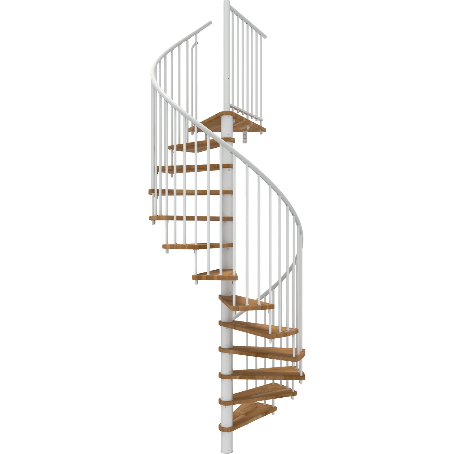 Weiße Minka Spindeltreppe Spiral Smart aus Eiche, Durchmesser 140 cm. Innentreppe mit Holzstufen und Geländer.