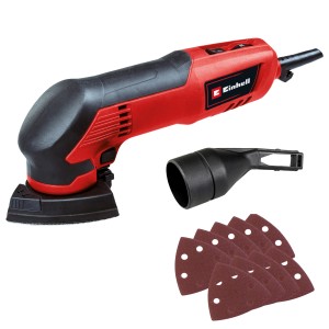 Einhell TC-DS 20 E Deltaschleifer mit Zubehör: Schleifpapiere und Absaugadapter.