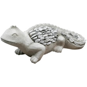 Hockende Deko-Figur Gecko, 17 cm, aus Zement mit Schiefer-Verzierung für den Garten.
