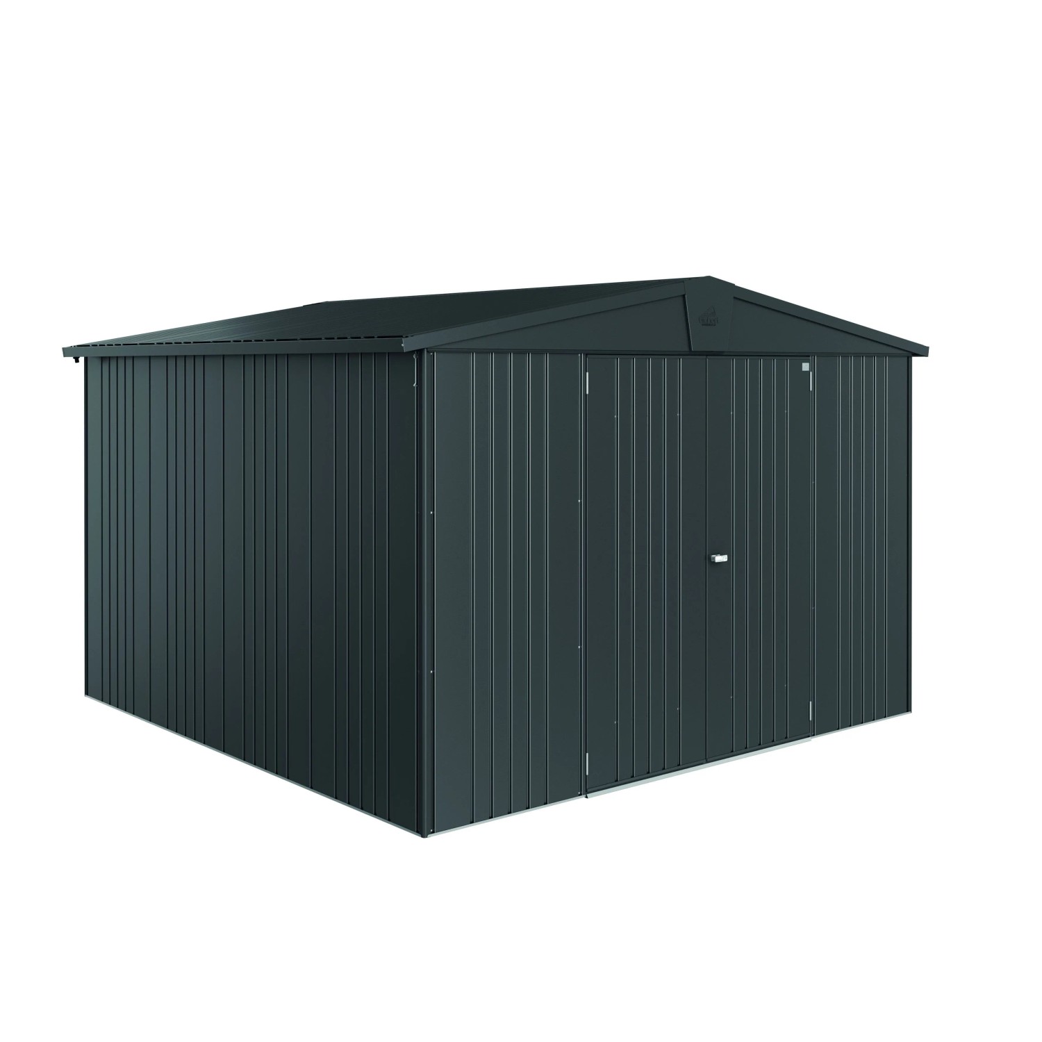 Biohort Metall-Gerätehaus Europa, dunkelgrau-metallic, 8,9 m². Robustes Gartenhaus aus feuerverzinktem Metall mit Doppeltür.