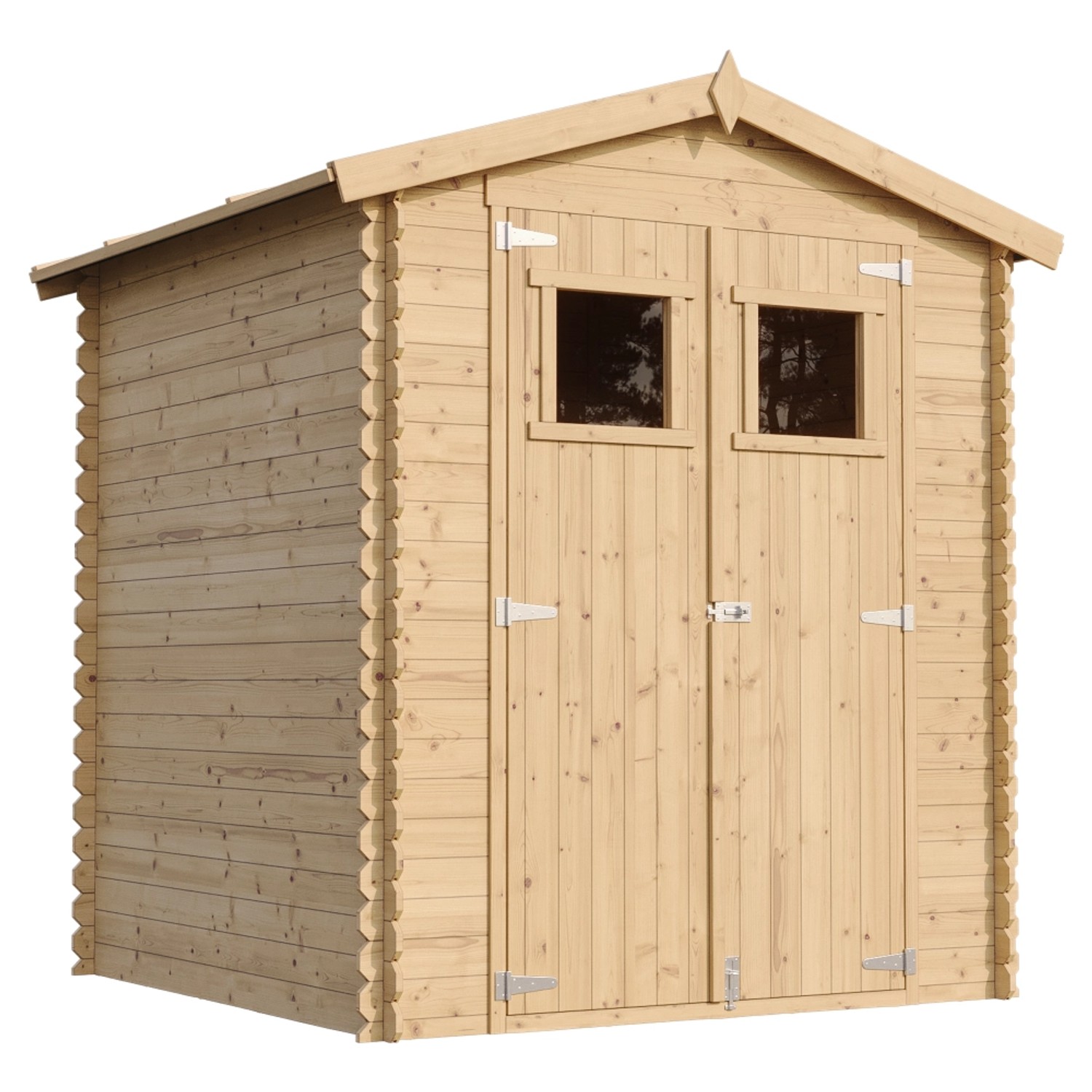 Beige-braunes Holz-Gartenhaus Timbela M320 (2,82 m²) mit Doppeltür und Fenster.