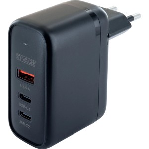 Schwaiger Ladeadapter, schwarz, mit 1 USB-A und 2 USB-C Anschlüssen für Handy-Zubehör. Kompaktes USB-Ladegerät.