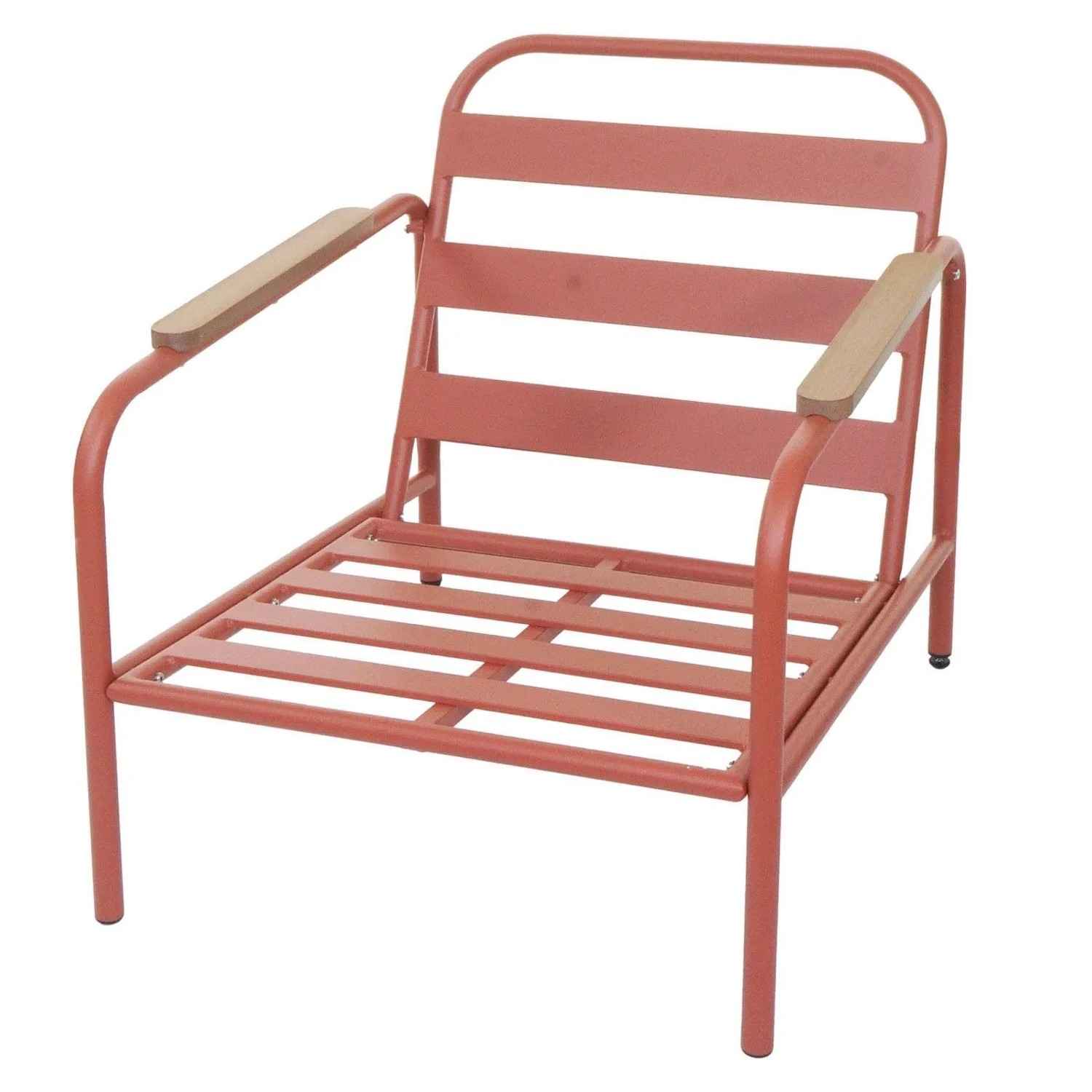 Gartensessel O11 aus Aluminium, terrakottafarben mit beigen Polstern und Armlehnen in Holzoptik.