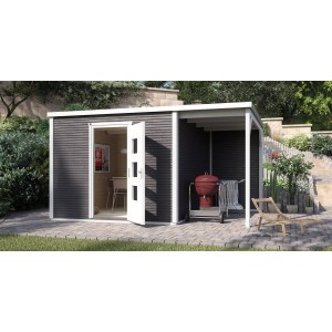 Modernes, anthrazitfarbenes Weka Holz-Gartenhaus mit Anbau und geöffneter Doppeltür.
