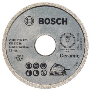 Bosch Diamanttrennscheibe Standard, 65mm Durchmesser für saubere Schnitte in Keramikfliesen.