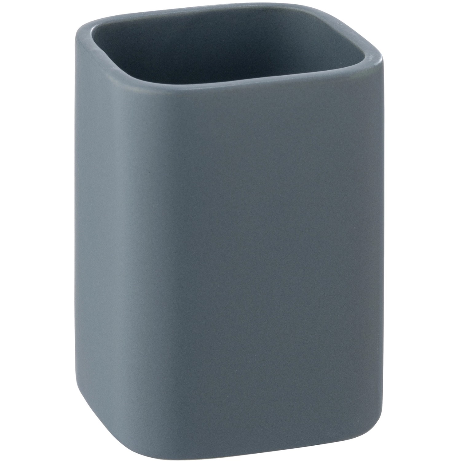 Blauer Wenko Zahnputzbecher Hexa aus Keramik mit abgerundeten, quadratischen Formen.