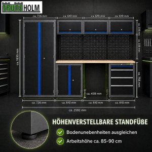 TRUTZHOLM 2x Werkstattwand 13 Teiliges Modulares Werkstattschranksystem aus Stahl Massive Holzarbeitsplatte Blau