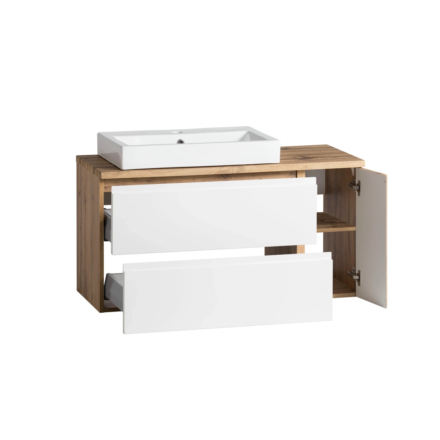 Held Möbel Waschtisch Ancona, 105 cm, Weiß/Wotaneiche mit Becken links. Badmöbel-Set mit Schubladen und Stauraum.