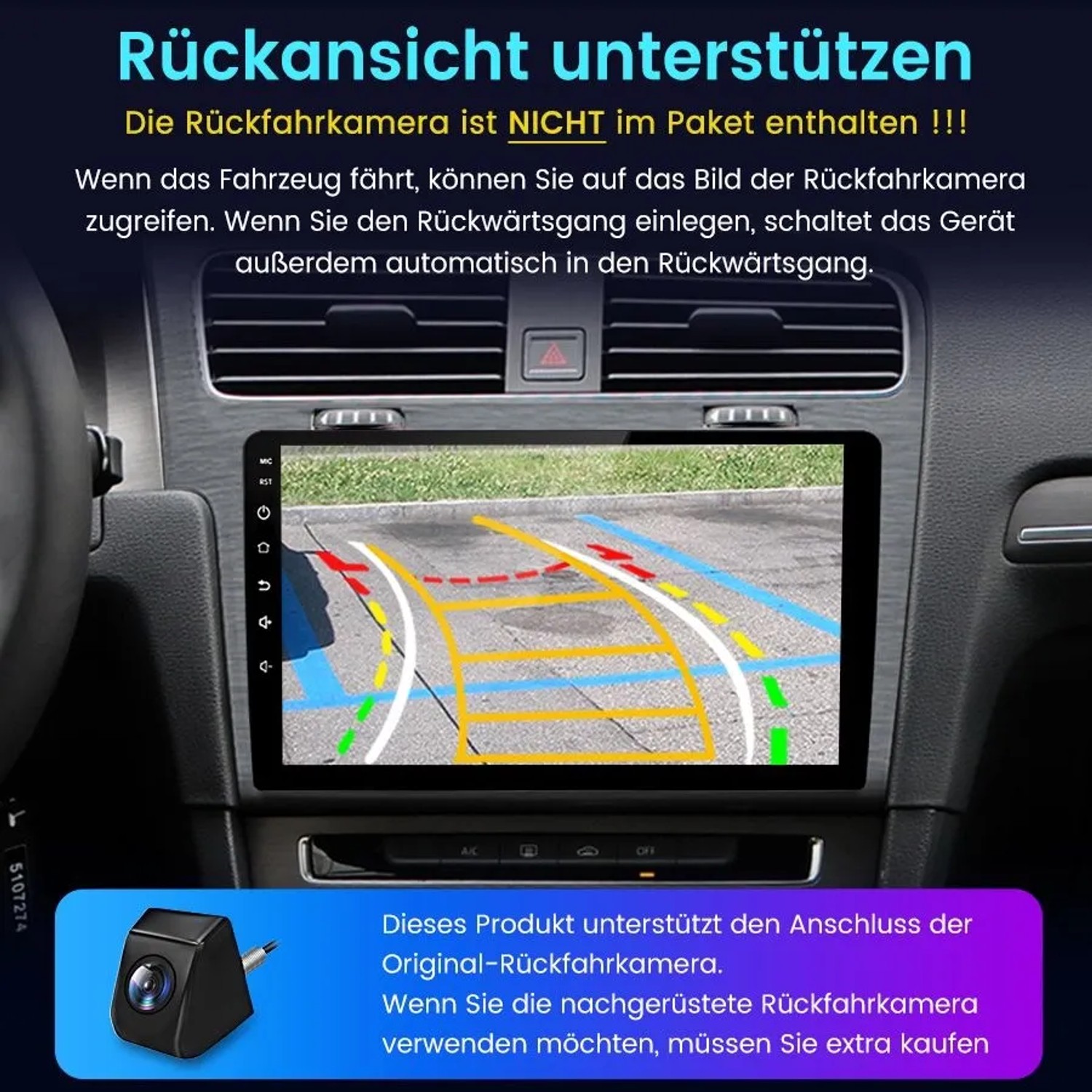 Junsun Autoradio im VW Golf 7 mit Touchscreen-Display, zeigt Rückfahrkamera-Ansicht und Parklinien. Unterstützt Rückfahrkamera.