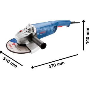 Bosch Professional GWS 2000 J Winkelschleifer mit blauem Gehäuse, Zusatzhandgriff und Schleifscheibe.