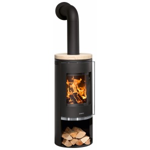 Justus Kaminofen Faro 2.0, Stahl schwarz mit Sandstein beige, 6 kW, Energieeffizienzklasse A+.