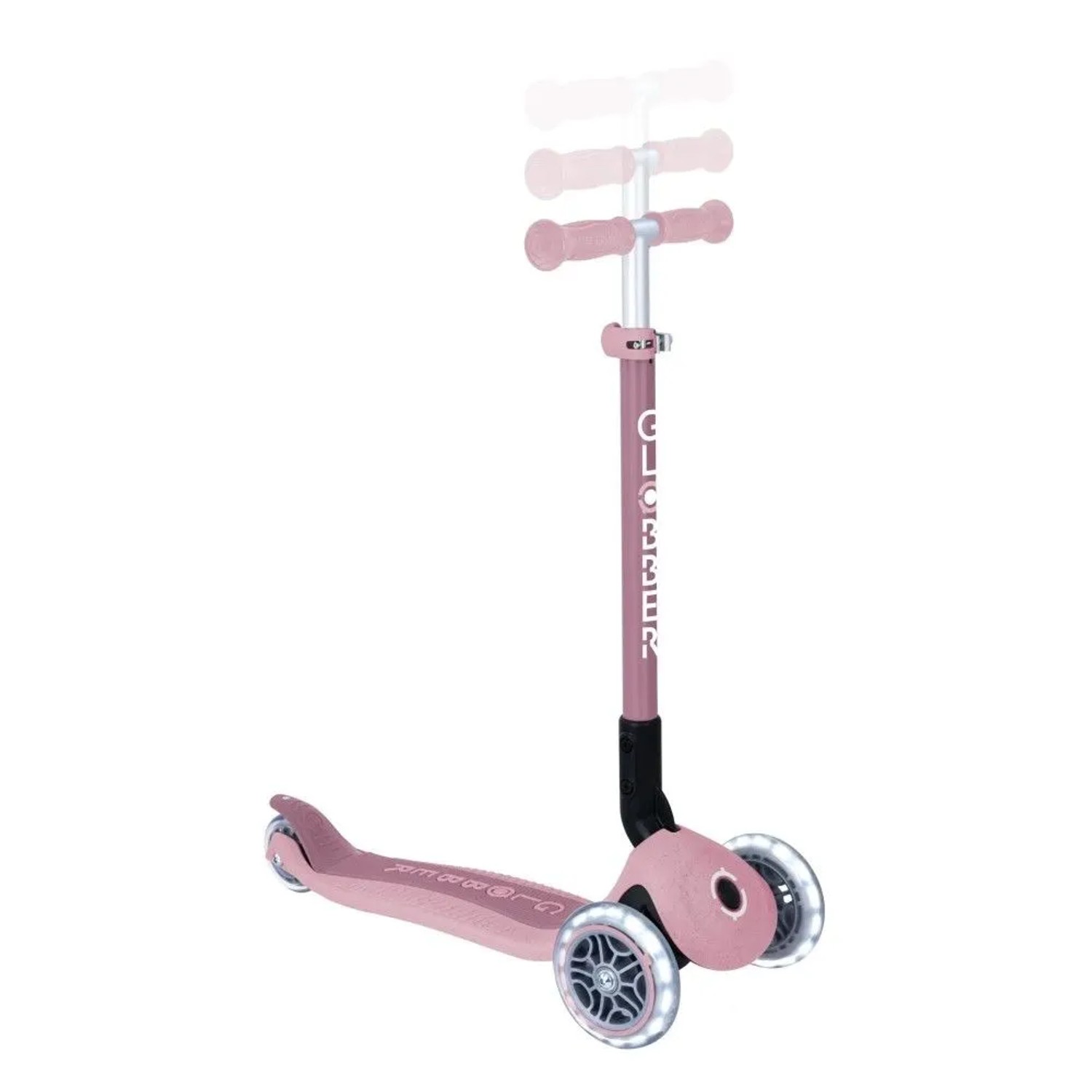 Beerenfarbener Globber Primo Foldable Lights 3-Rad Tretroller mit leuchtenden LED-Rollen und höhenverstellbarem Lenker.