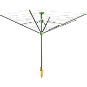 Juwel Wäschespinne Novaplus Evolution Lift, titan-grün, mit Eindreh-Bodenhülse und Kleiderbügelhalter.