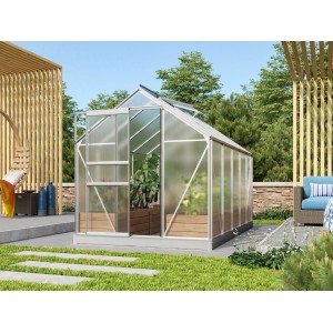 Vitavia Gewächshaus Venus 6200, Alu blank, 6,2 m², mit geöffneter Tür im Garten.