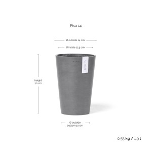 Graue Ecopots Vase Pisa, 14x20 cm. Handgefertigte Blumenvase für Innen- und Außenbereiche.