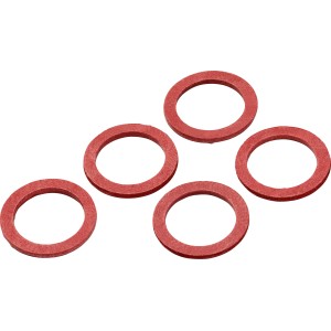Fünf rote Fiberdichtungen (Ø 17 mm x Ø 24 mm) für Rohrleitungen.