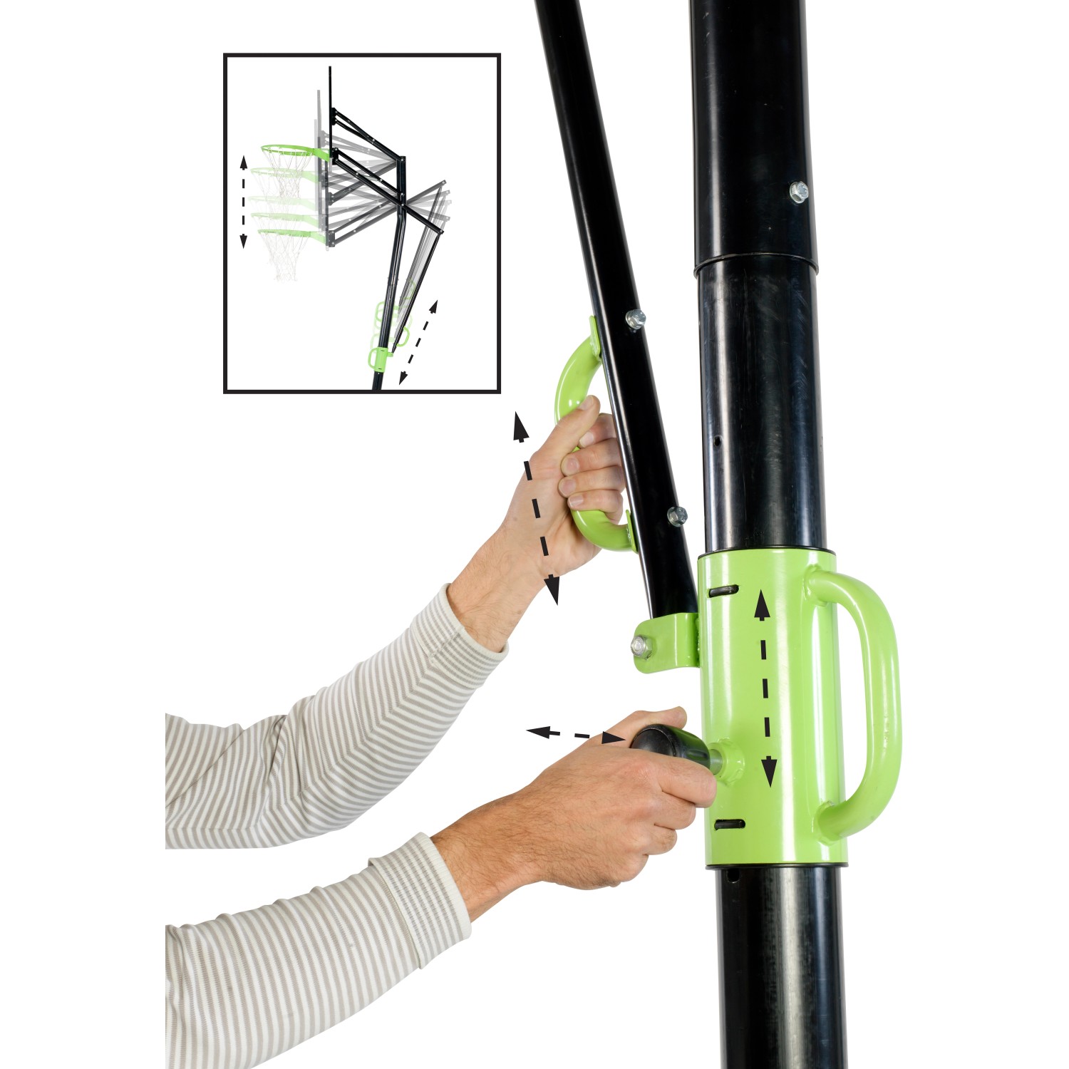 Detailaufnahme: Höhenverstellung des schwarzen EXIT Galaxy Basketballkorbs mit Dunkring.