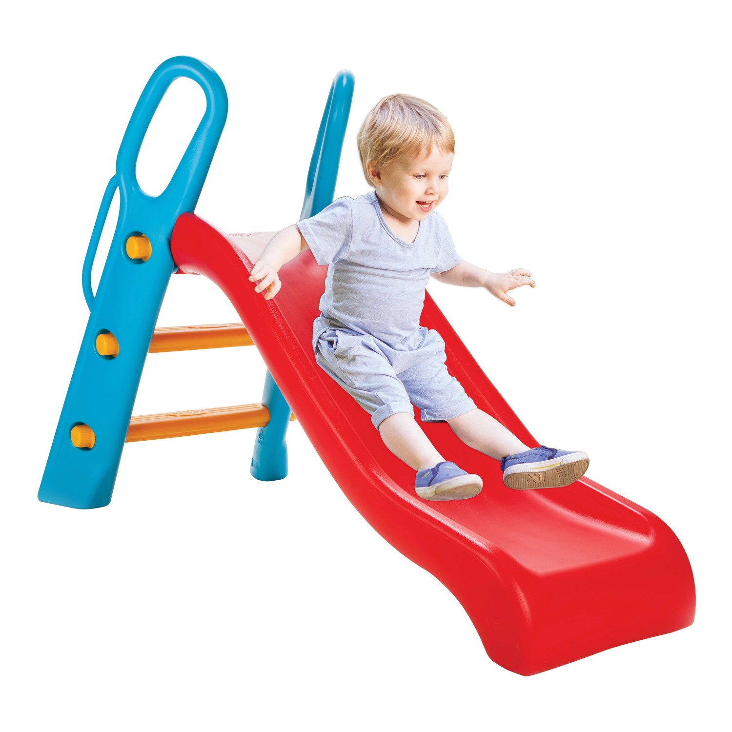 Kinderrutsche Bingo in Rot und Blau mit Kind beim Rutschen. Ideal für Garten & Kinderzimmer.