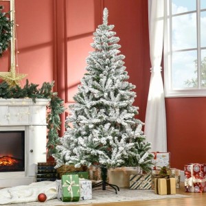 Künstlicher Weihnachtsbaum 180cm mit Kunstschnee, festlich dekoriert im Wohnzimmer mit Geschenken. Ideal für Weihnachten.