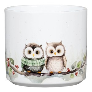 Weißer Keramik-Übertopf mit zwei Eulen auf verschneitem Ast, eine trägt einen Schal. Ideal für Zimmerpflanzen, 14 cm.