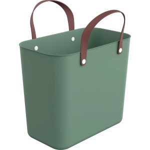 Rotho Albula Multibag 25L in Mistletoe Green: Aufbewahrungsbox mit braunen Tragegriffen.