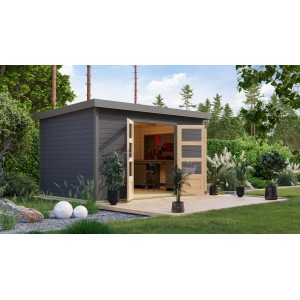 Karibu Gartenhaus Domingo 7 in Terragrau/Grau mit geöffneten Türen und Terrasse im Garten.