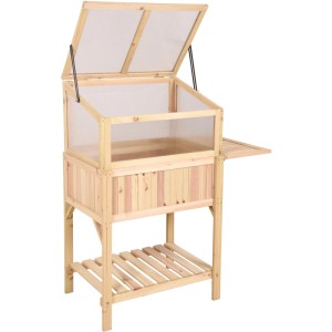 Offenes, braunes Garden Pleasure Holz-Gewächshaus (102,5x50x120cm) mit Ablage und Tisch.