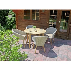 5-teilige Tischgruppe Arvada aus Akazienholz und Polyrattan mit taupefarbenen Sitzkissen.