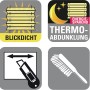 Piktogramme für Gardinia Easy Fix Plissee: blickdicht, Thermo-Abdunklung, kürzbar, Reinigungsbürste.