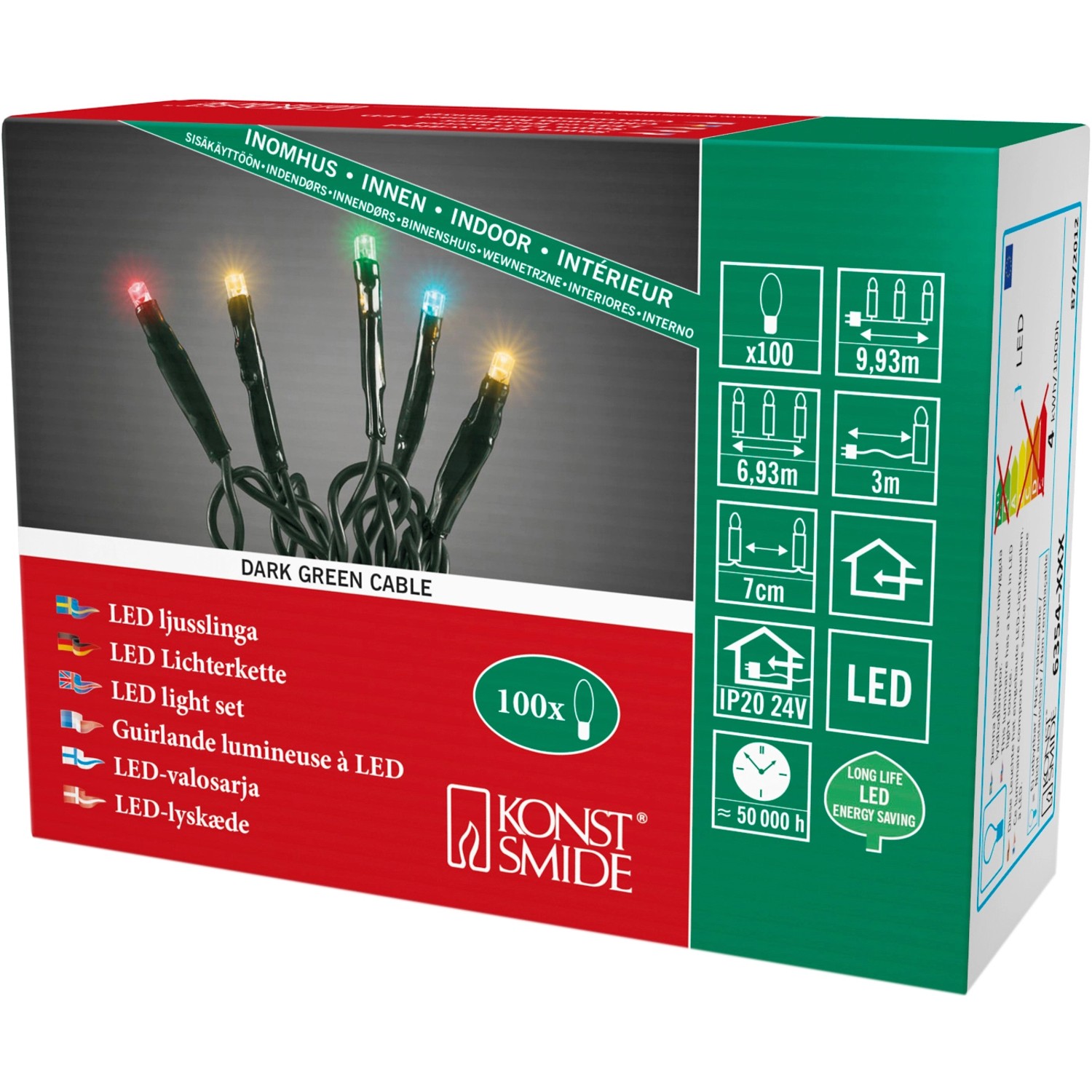 Konstsmide LED Micro Lichterkette mit 100 bunten Lichtern und dunklem Kabel für Innenräume.