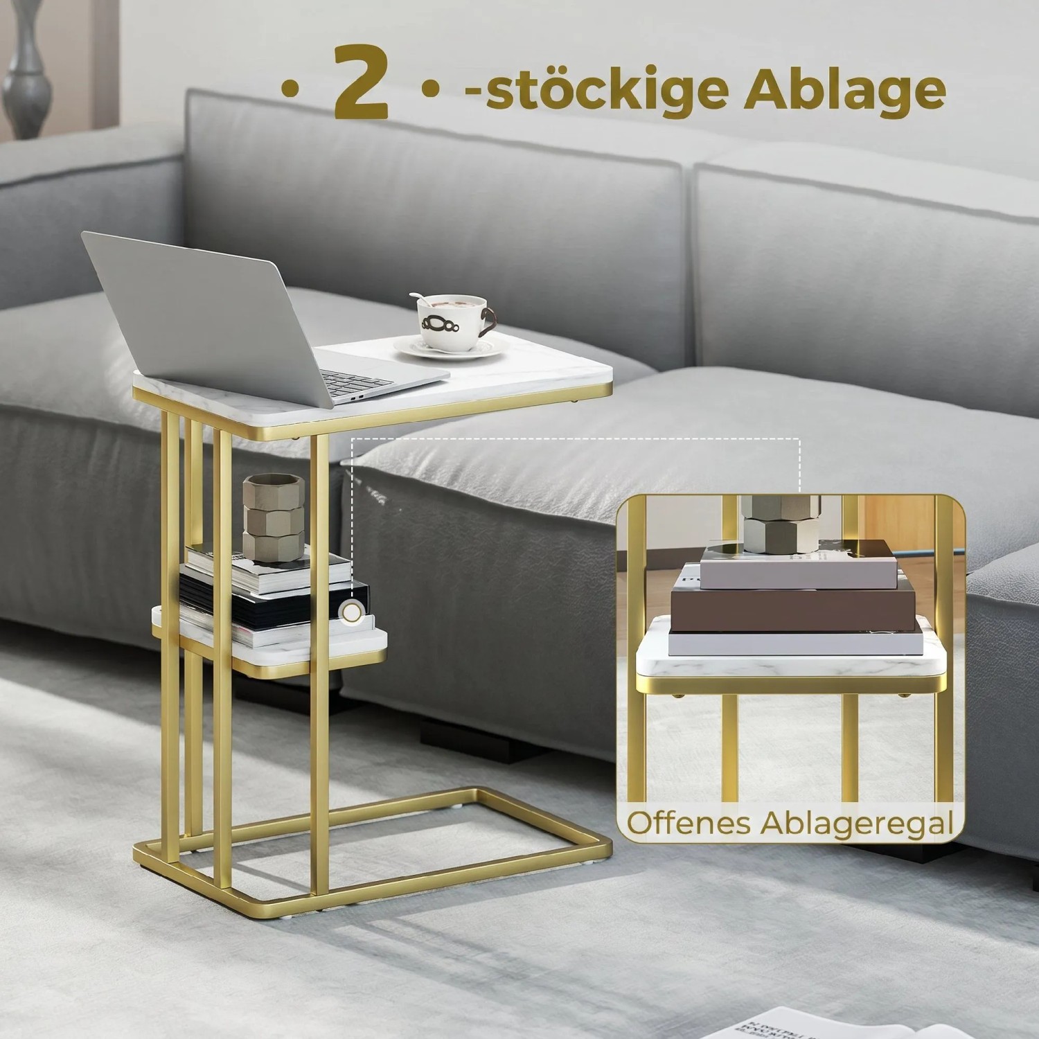 HOMCOM Beistelltisch mit C-förmigem Goldrahmen, weißer Marmoroptik-Platte und 2 Ablagen neben Sofa. Ideal für Laptop.
