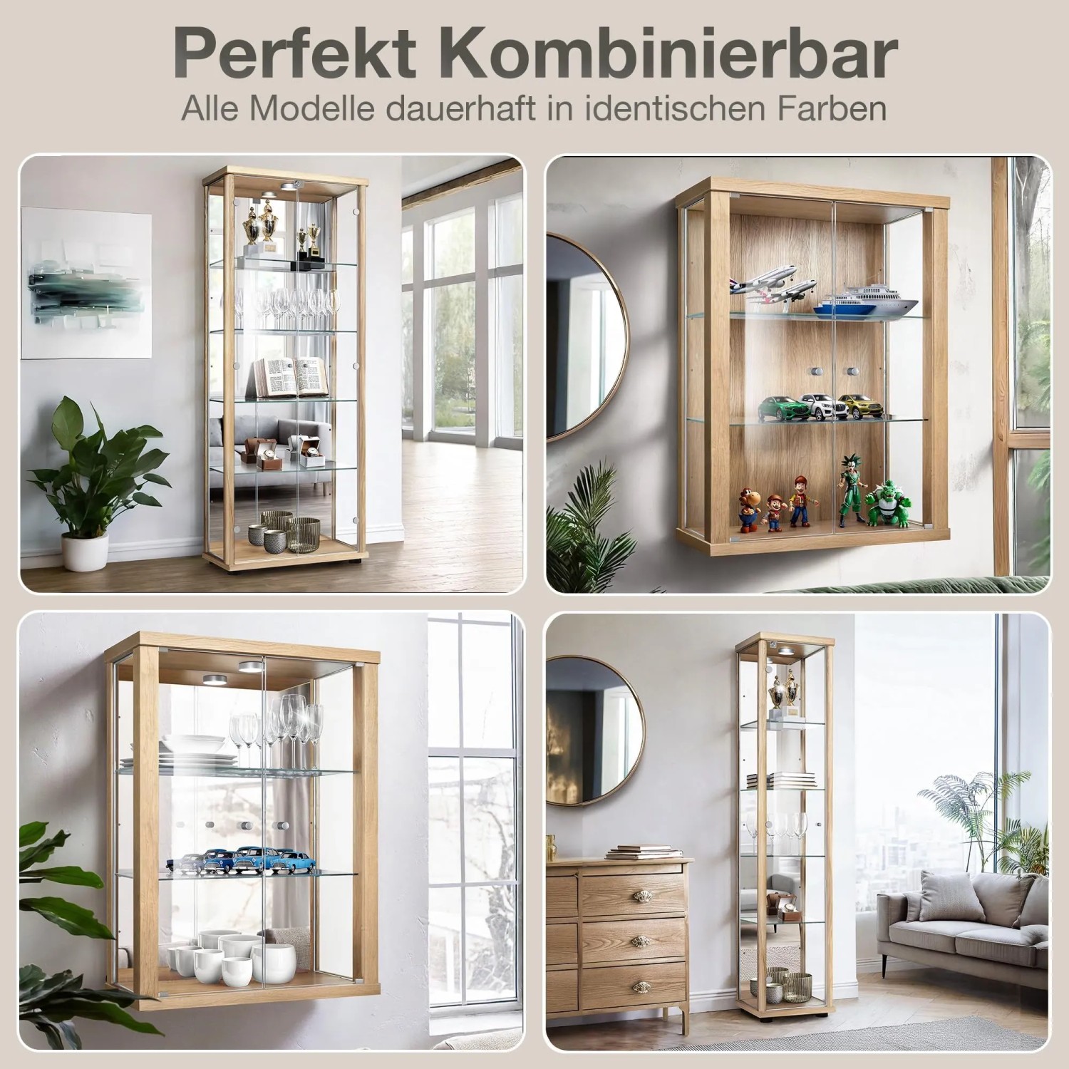 K-Möbel Eckvitrine Glas Stehend 176x56,5x56,5 cm Made in Germany mit Schloss Spiegel & LED Buche kaufen bei OBI