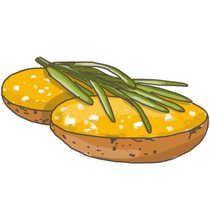 Illustration: Zwei Kartoffelhälften mit Rosmarin, ideal als Küchenkraut. 