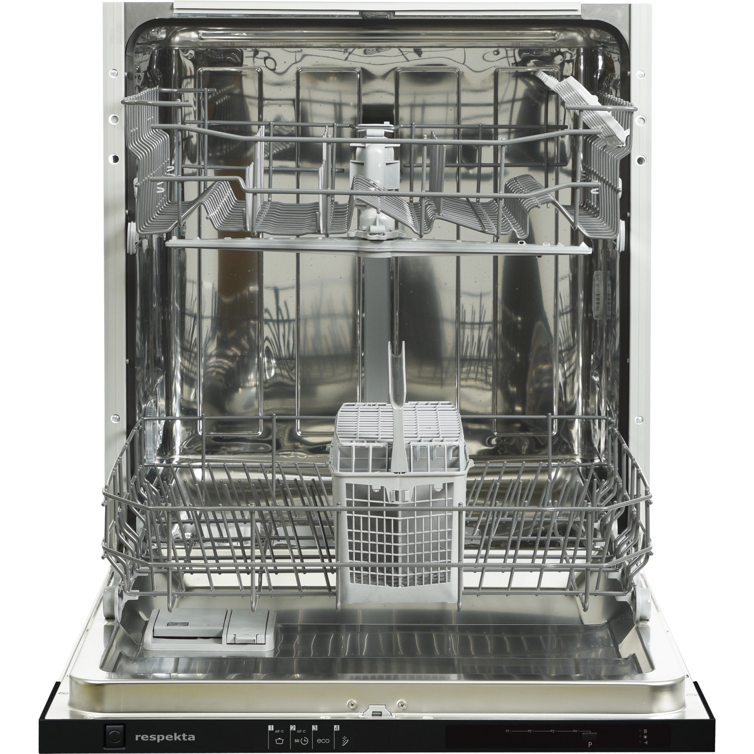 Offener Respekta Geschirrspüler (integriert) mit Besteckkörben und Spülkörben aus Edelstahl.