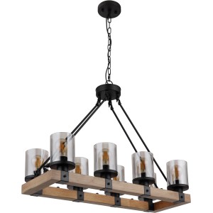 Globo Pendelleuchte mit 8 Rauchglas-Zylindern, schwarzem Metall und Holzrahmen. Moderne Hängeleuchte.