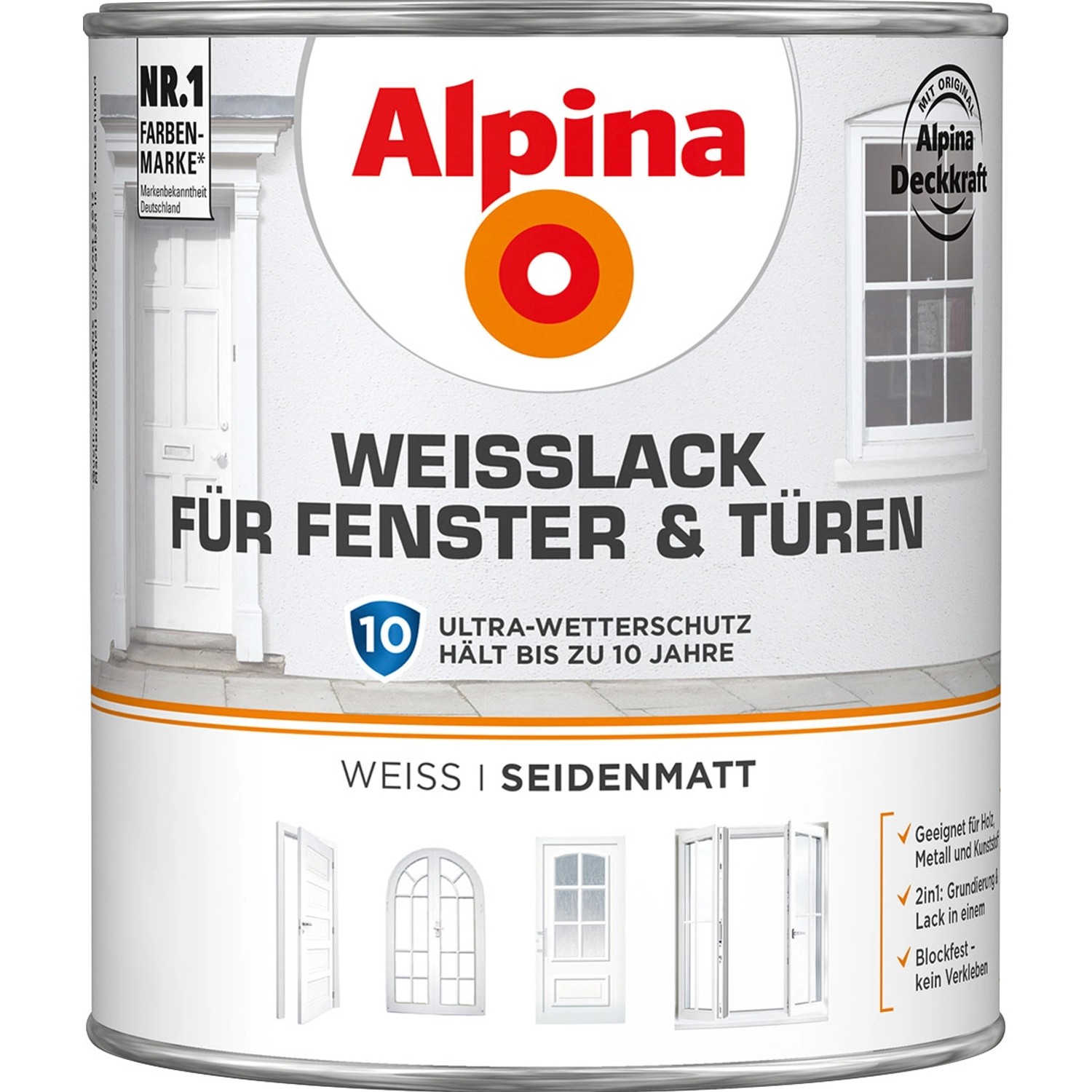 Alpina Weißlack für Fenster & Türen, seidenmatt, 2 Liter Dose. Wetterfester Lack mit hoher Deckkraft.