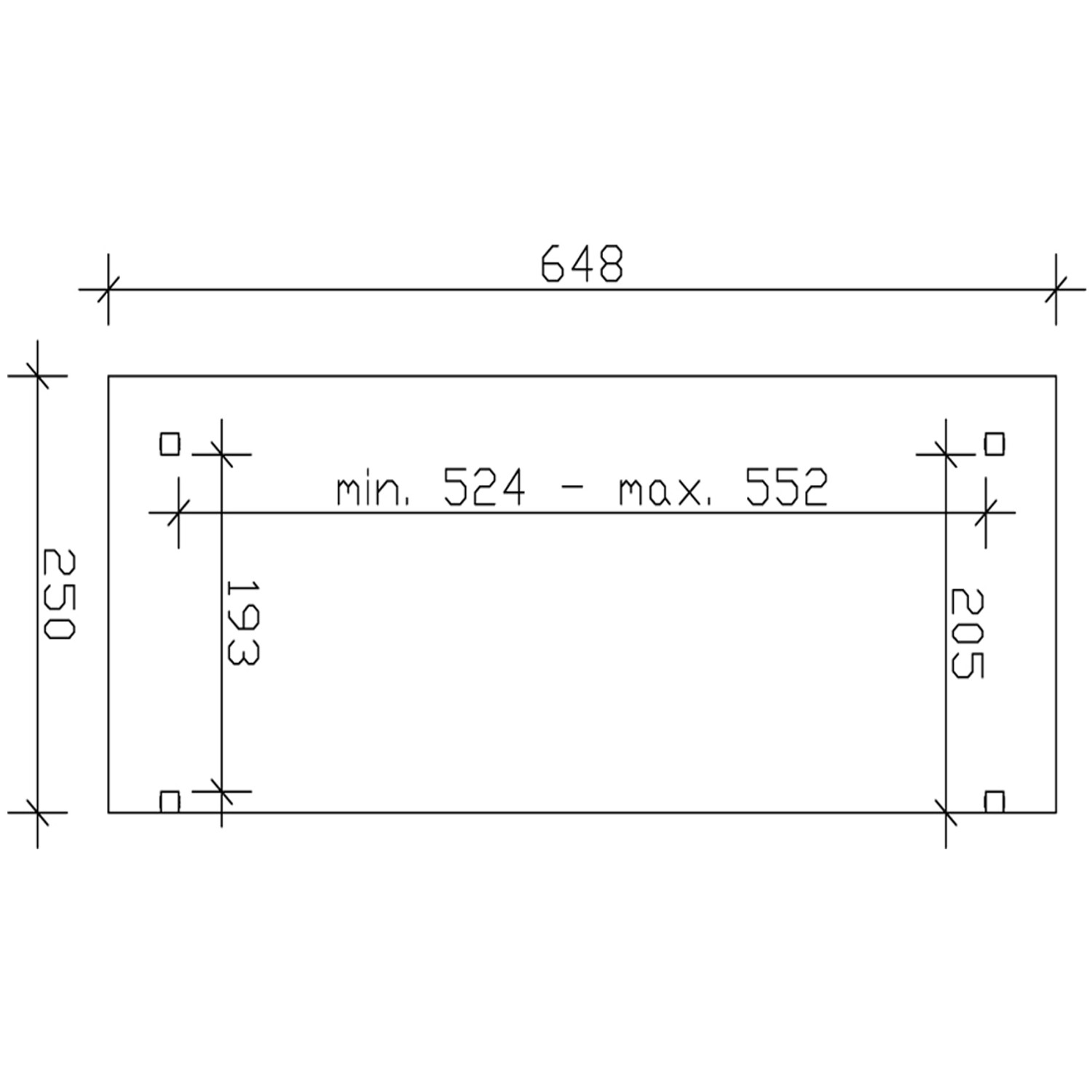 Technische Zeichnung der Skan Holz Terrassenüberdachung Sanremo 648x250 cm, Nussbaum.