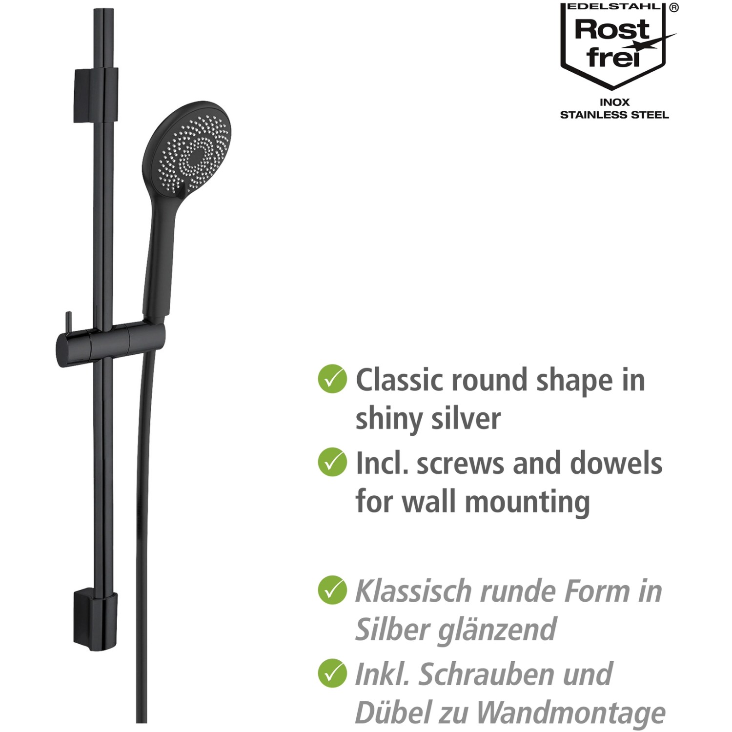 Schwarzes Wenko Brauseset Watersaving mit Duschstange und Handbrause.