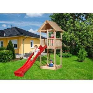 Tabaluga Drachenturm Spielturm mit roter Rutsche und Kindern im Garten.