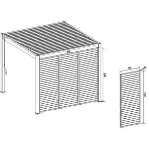 Technische Zeichnung: Weide Pergola Seitenwand aus Aluminium in Ivory Sand mit horizontalen Streben, 0.93m. Inkl. Maße.