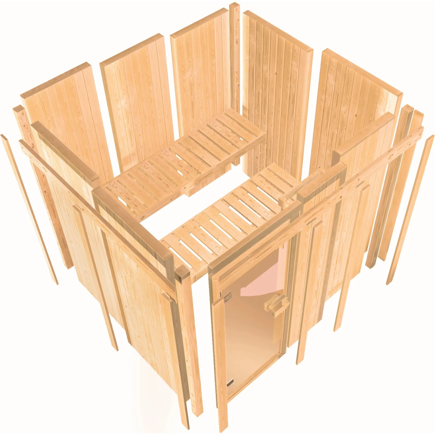 Karibu Sauna aus Fichte mit Ofen und LED-Dachkranz, naturbelassen. Elementsauna mit Liegen und Glastür.