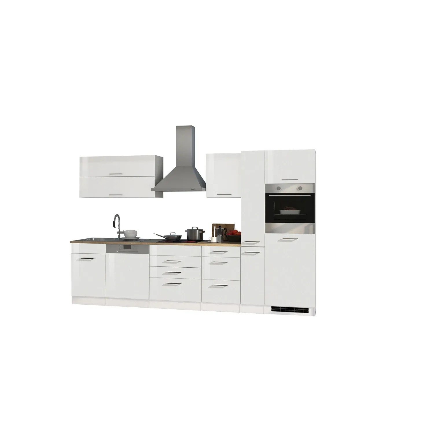 Moderne, weiße Küchenzeile Mailand 330 cm mit E-Geräten und hochglänzenden Fronten.