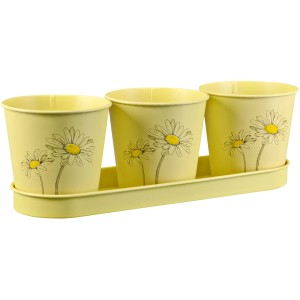 4-teiliges Zink-Eimer-Set Gelb mit Blumenprint für Kräuter auf Tablett.