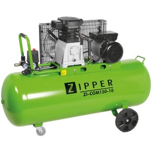 Grüner Zipper Kompressor ZI-COM150-10 mit 150 l Tank und zwei Manometern.