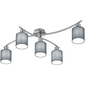 Moderne Trio Deckenlampe Garda, 5-flammig, Nickel matt mit grauen Stoffschirmen.