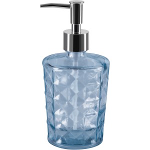 Blauer Spirella Seifenspender Carla aus Glas mit silbernem Pumpkopf.