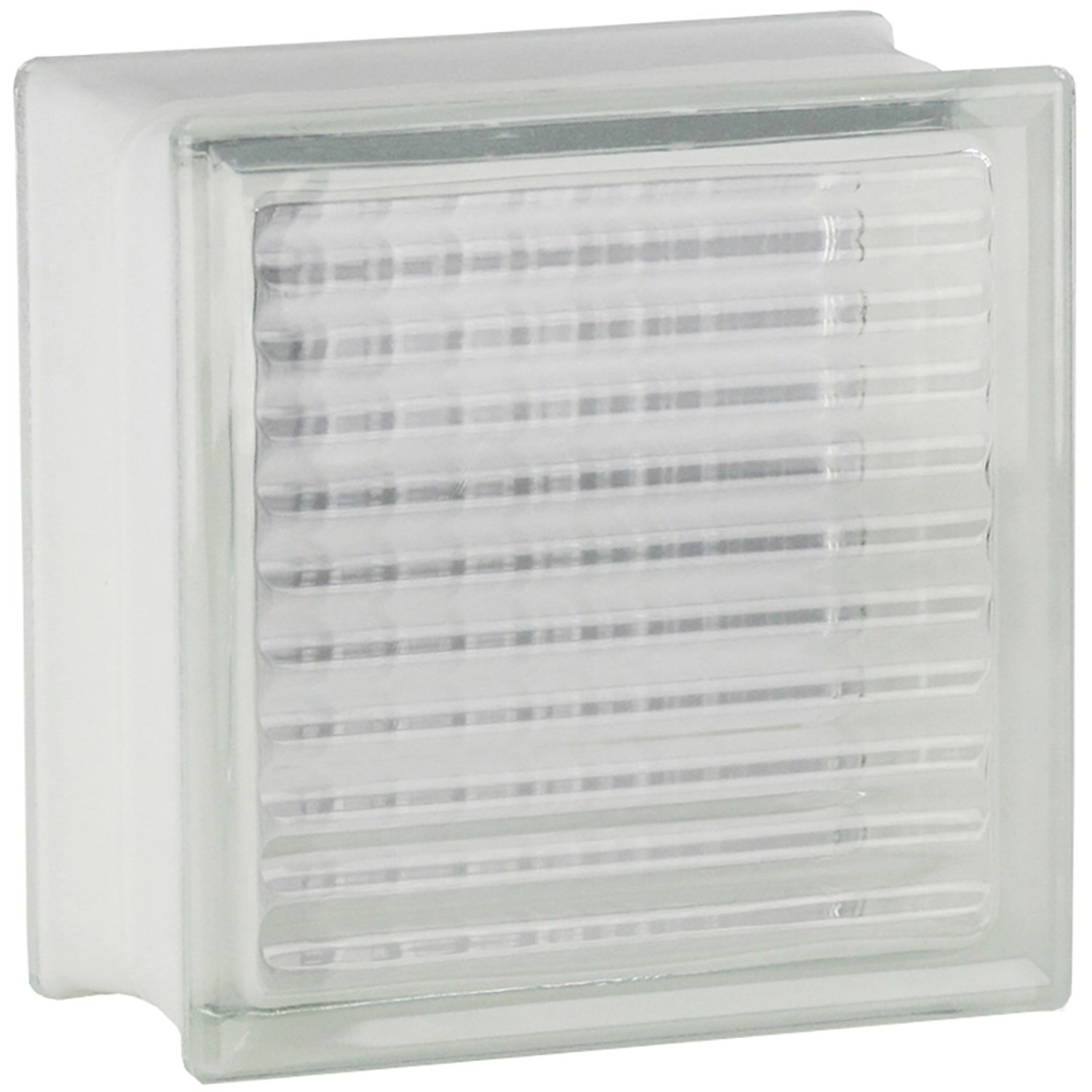 Weißer Glasstein mit Kreuzmuster, einseitig satiniert, 19x19x10 cm. Ideal für Trennwände.