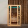 Redsun Deluxe Infrarotkabine aus Tannenholz mit Glasfront und geöffneter Tür.