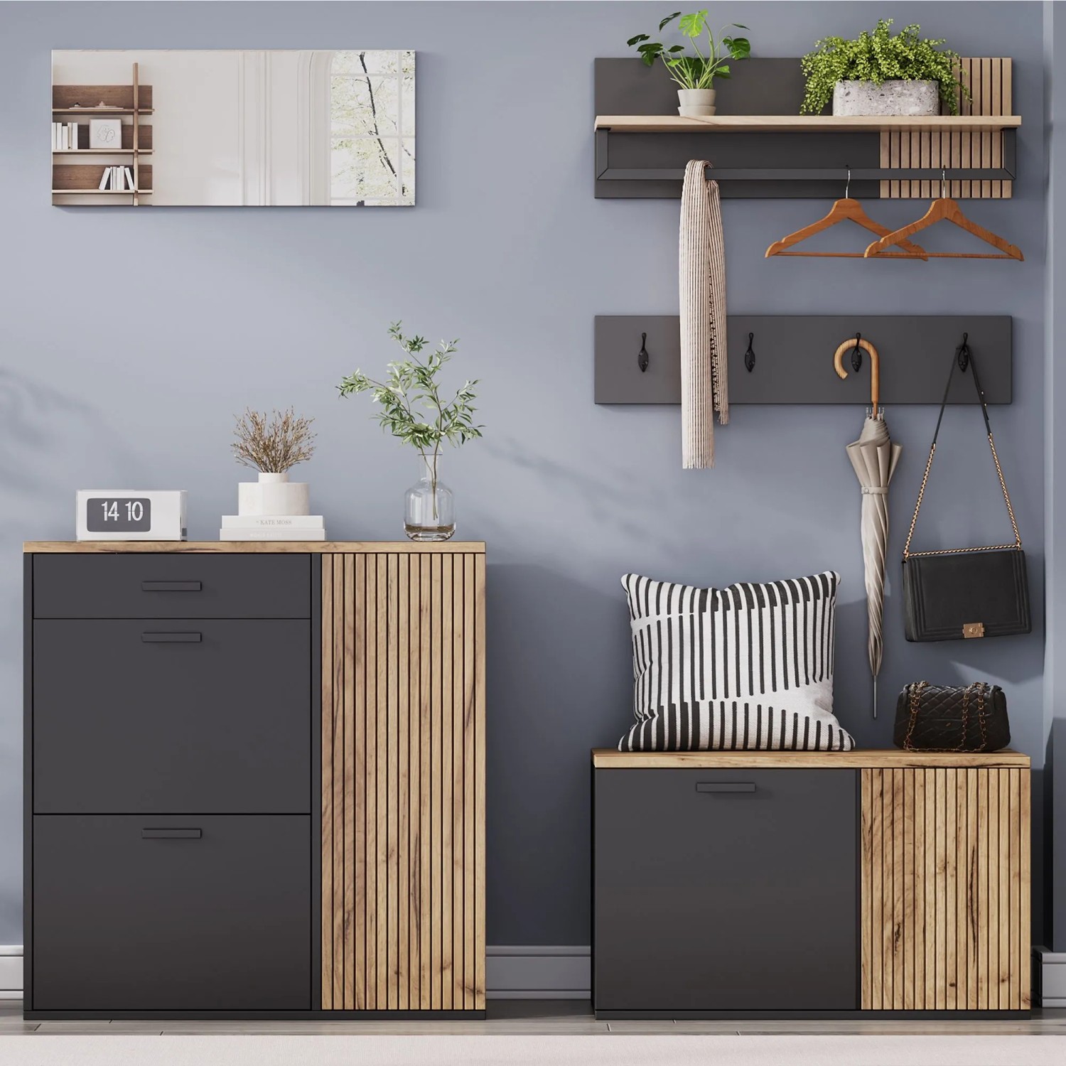 okwish Schuhschrank Set mit Spiegel Garderobe Flur 85x36x85cm Schwarz_3